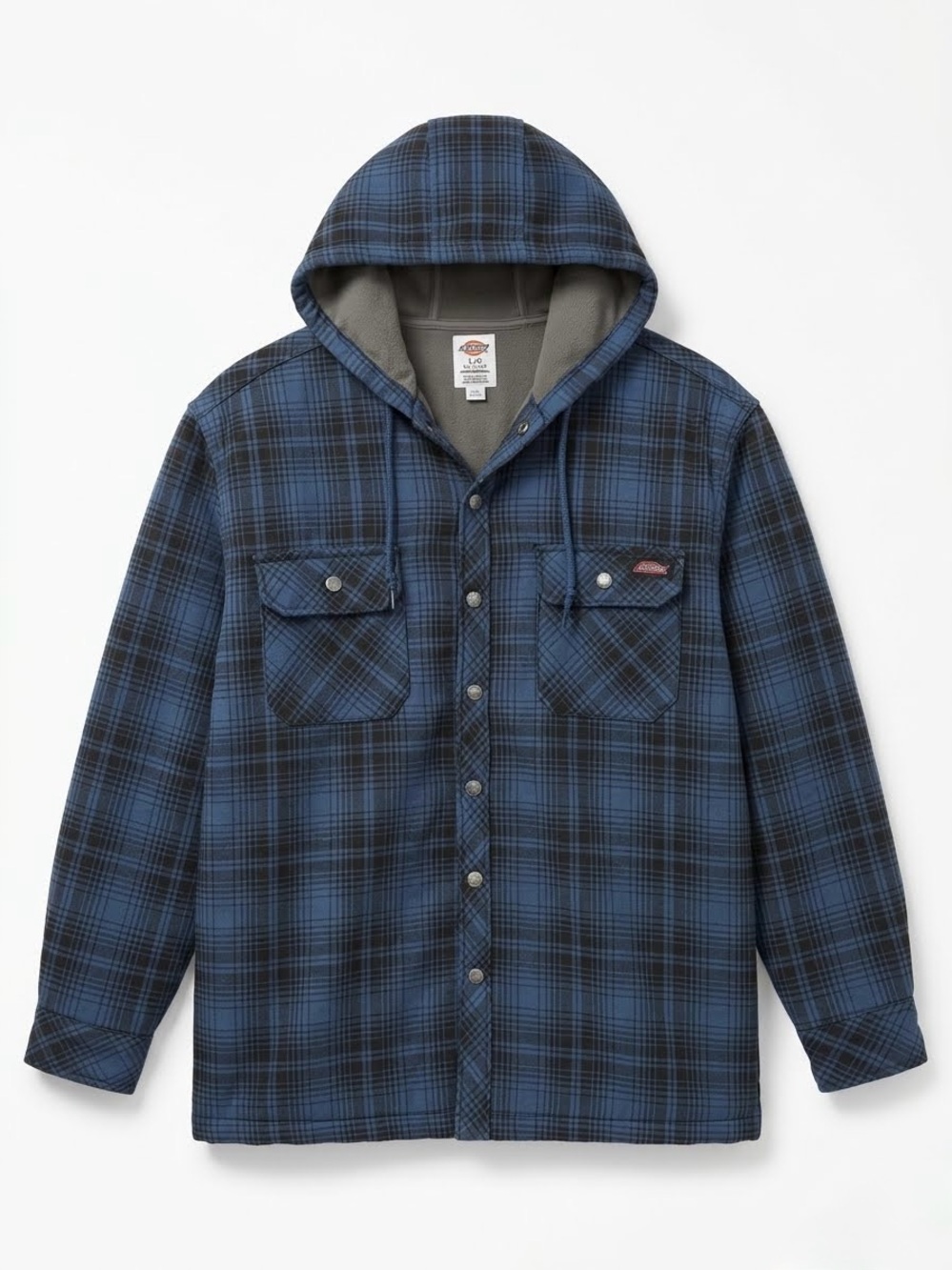 Dickies Hooded Flannel Shirt Jacket Blue Plaid Fleece Lined Workshirt L Gorpcore